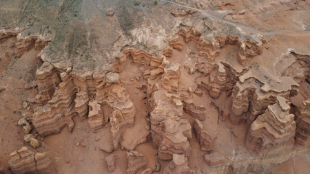 Steep slopes of the Charyn Canyon. view from a droneの写真素材