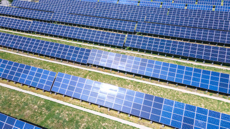 Flat photovoltaic panels in a solar power plant. green energyの写真素材