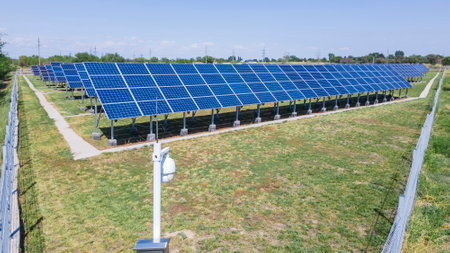 Street surveillance camera on a solar power plant. Renewable energyの写真素材
