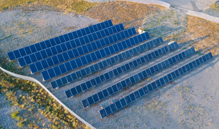 Rows of solar panels at the station. Green energyの写真素材