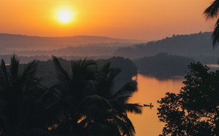 Sunrise over a sea bay in Southeast Asia. Golden hour