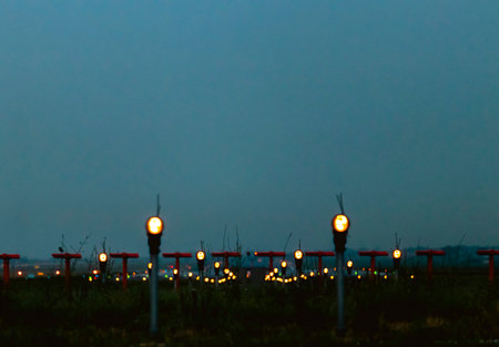 Blurred lines of runway lights at an airport. Evening time