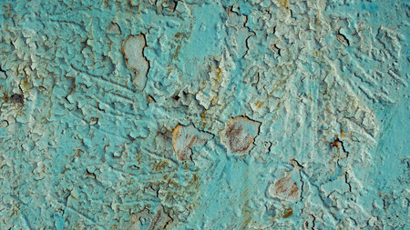 Cracked paint layer on a sheet of rusting iron. Old backgroundの写真素材