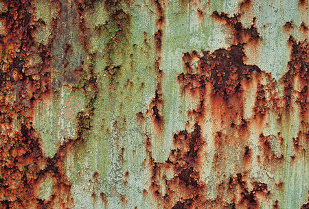 Iron sheet rotting from corrosion with paint residue. Grunge backgroundの写真素材