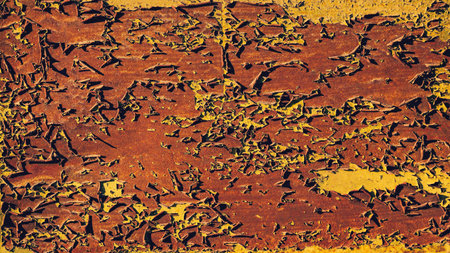 A layer of paint is peeling off a rusty sheet of iron. Old backgroundの写真素材