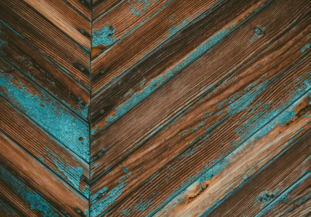Nailed boards with wood grain and paint of an old table. Top viewの写真素材