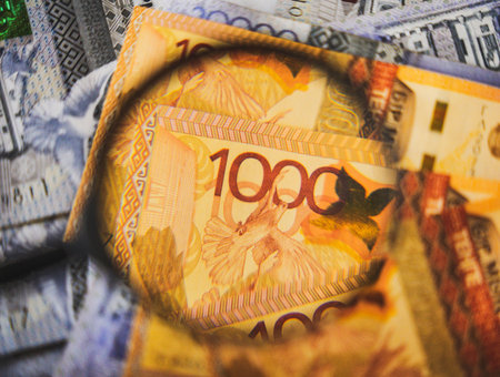 Part of a blurred 1000 tenge banknote through a magnifying glass. paper cash