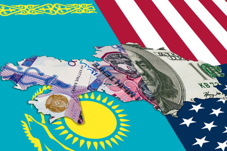 Map of Kazakhstan with a fragment of tenge and US dollar bills. Against the background of the flags of both countriesの写真素材