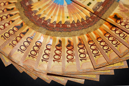 A fan of 1000 tenge banknotes. Paper money from circulationの写真素材