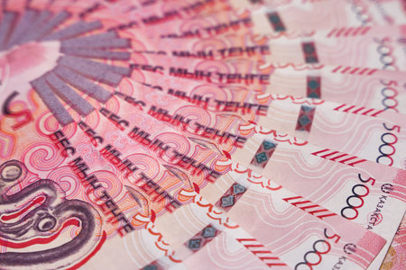Laid out 5000 tenge bills close-up. Paper money from circulationの写真素材