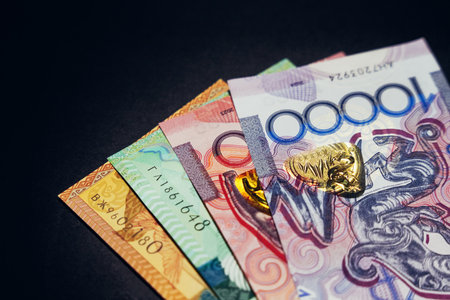 Tenge banknotes of different denominations in descending order. Cash. Black backgroundの写真素材