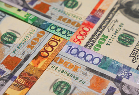 Combined dollar and tenge bills. Currency exchangeの写真素材