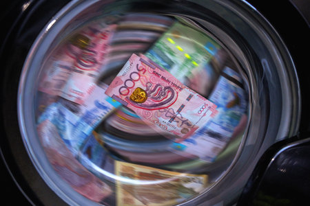 Tenge banknote stuck to the door of a switched-on washing machine.の写真素材