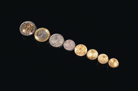 All denominations of tenge coins. Devaluation of money. Black backgroundの写真素材