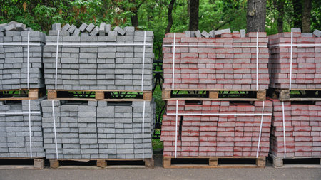 Pallets with red and gray paving stones. Road worksの写真素材