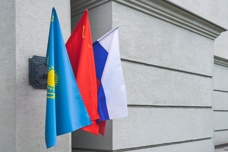 Flag of Kazakhstan, China and Russia on a flagpole. Political relationsの写真素材