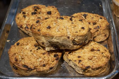 Sweet raisian baked biscuits at the bakery の写真素材