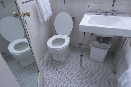 white tile, bathroom, tolet from high angleの写真素材