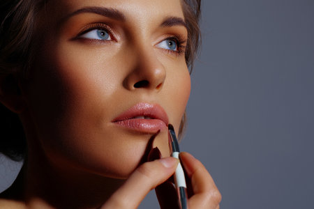 Applying pink lipstick to woman's lips in close-up. Natural makeup, glowing skin, care and beautyの写真素材