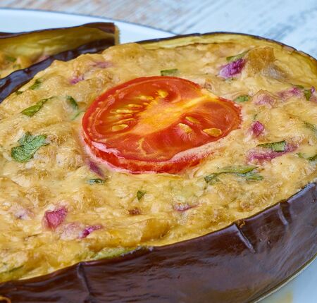 stuffed eggplant  with cherry tomatoの写真素材