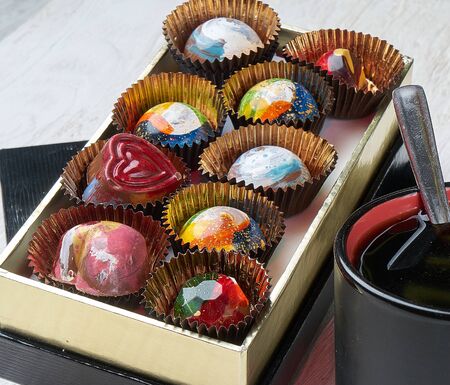 handmade candies colored in boxの写真素材