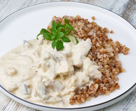 cream chicken with buckwheat homemadeの写真素材