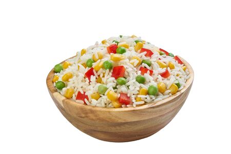 rice, pepper,  peas,  in bowl cutted on white frozen vegetablesの写真素材