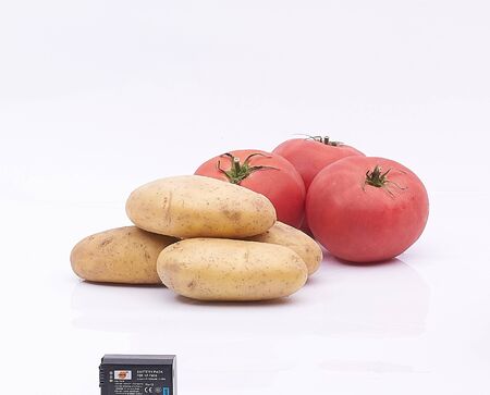 tomatoes and potatoes on white isolatedの写真素材