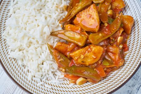vegetable stew with rice on plateの写真素材