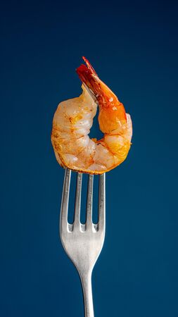 shrimp on fork on blue singleの写真素材