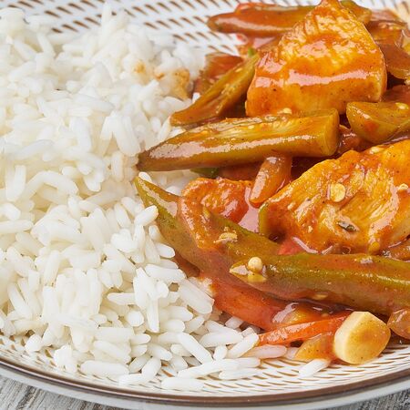 vegetable stew with rice on plateの写真素材