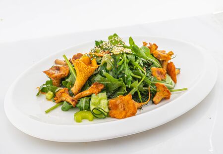 salad with herbs and chanterelles on whiteの写真素材