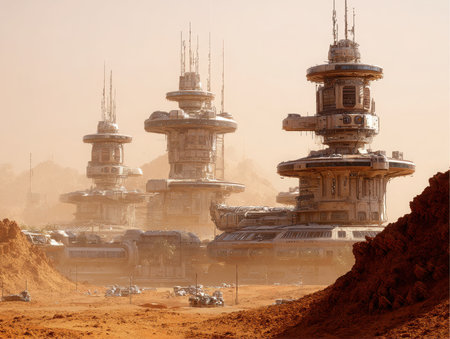 A futuristic station is shown on the surface of Mars. Several towers are linked by structures and vehicles. The station stands on a red, dusty landscape under a hazy sky.の素材