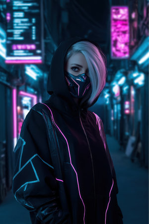 A young woman stands in a narrow alley at night. She wears a black hooded jacket with neon pink and blue lights, and a futuristic mask. Neon signs illuminate the futuristic city.の素材