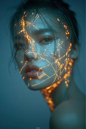 A close-up shows a young woman's face partially illuminated by a network of glowing orange lines and dots that appear to be projected onto her skin. It creates an interesting futuristic effect.の素材