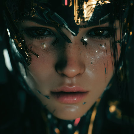 A woman with cybernetic headgear and dark eyes stares intently at the viewer. Her face is illuminated by artificial light, highlighting moisture and metallic details.の素材
