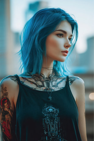 A young woman with bright blue hair, extensive tattoos, and a black tank top stands outdoors. Cyberpunk style art is visible on her skin and clothing. The city is in the background.の素材