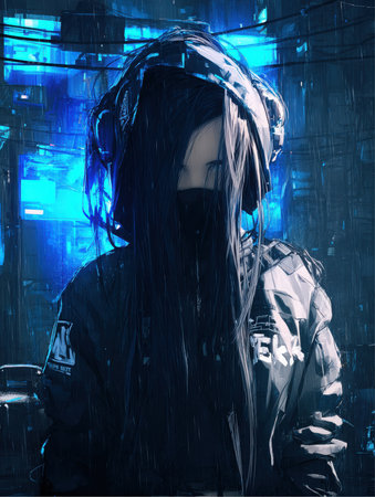A woman wearing a mask and headphones stands on a rainy city street. Behind her, a futuristic cityscape glows with bright blue neon lights. The rain falls heavily around her.の素材