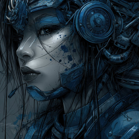 Close-up of a cyberpunk female. The woman wears intricate blue cybernetic headgear and headphones. Blue paint splatters mark her skin. She gazes with a serious expression.の素材