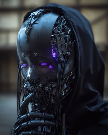 A futuristic being with a robotic face and complex visible wiring poses. Wearing a black hood, the mechanical figure appears to contemplate with its hand to its face.の素材
