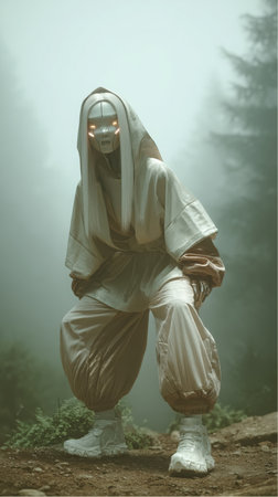 A humanoid robot figure wearing loose, light clothing and a white mask with glowing eyes crouches on a rocky path. The figure is set against a backdrop of dense forest and heavy fog.の素材