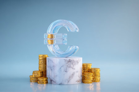 A translucent Euro symbol, with gold coins inset, rests on a marble podium. Stacks of gold coins surround the podium, on a pale blue backdrop. Highlights finance, investment, and currency.の素材
