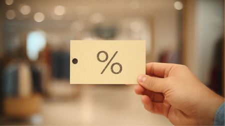A hand presents a tag with a percentage symbol inside a retail clothing store. The tag signals discounts on various garments for sale.の素材