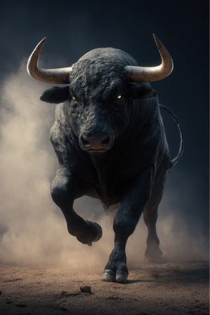 A muscular black bull is charging forward, kicking up dust from the ground. The animal appears strong, focused, and ready to attack. The setting seems to be an open area or field.の素材