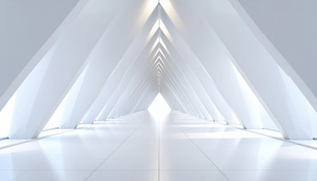 Long, all-white hallway, built with geometric designs. The corridor features repetitive triangular structures and a glossy tiled floor, converging towards a bright light.の素材