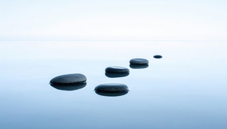Smooth, dark stones form a path across a body of still, blue water. The sky is a clear, pale blue. The stones' reflections are visible in the tranquil water surface.の素材