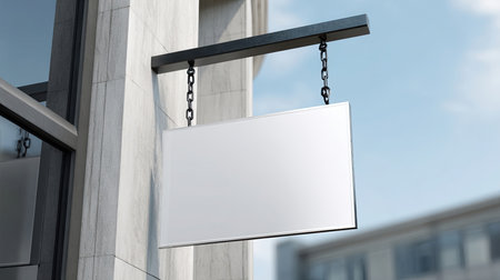 A rectangular white blank sign hangs by metal chains from a metal bar attached to a building facade. Blue sky is visible behind. It appears to be a sunny day.の素材