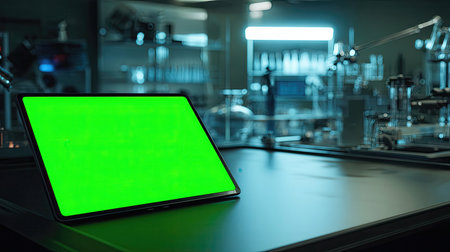 A tablet displaying a green screen rests on a dark table. The background features a sterile laboratory setting, complete with complex machinery and equipment.の素材