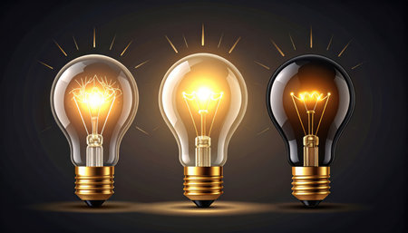 A row of three light bulbs illuminates. The bulbs are glowing at different intensities. The surrounding backdrop is a dark, neutral color, providing stark contrast.の素材