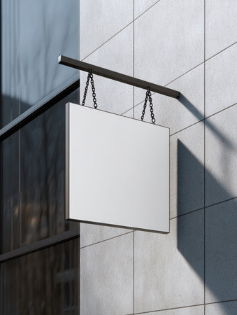 A blank, rectangular white sign is hanging from a dark support bar and chains against a light gray tiled wall outside of a building with reflecting glass during daylight.の素材